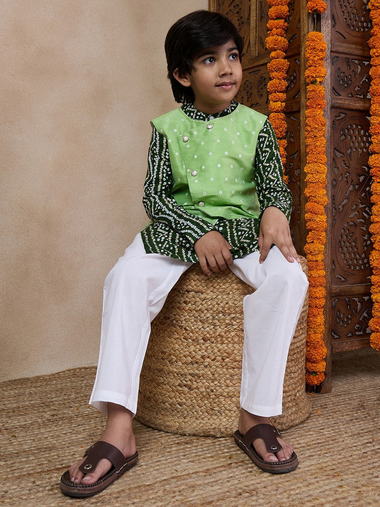 Boys Bandhani Printed Straight Kurta Pyjamas With Jacket (KP-GREENBROCADE)