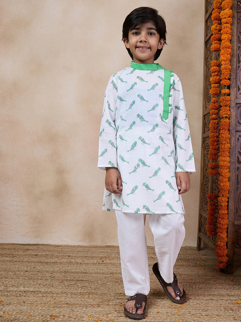 Boys Mandarin Collar Printed Regular Kurta With Pyjamas (KP-GREENPARROT)