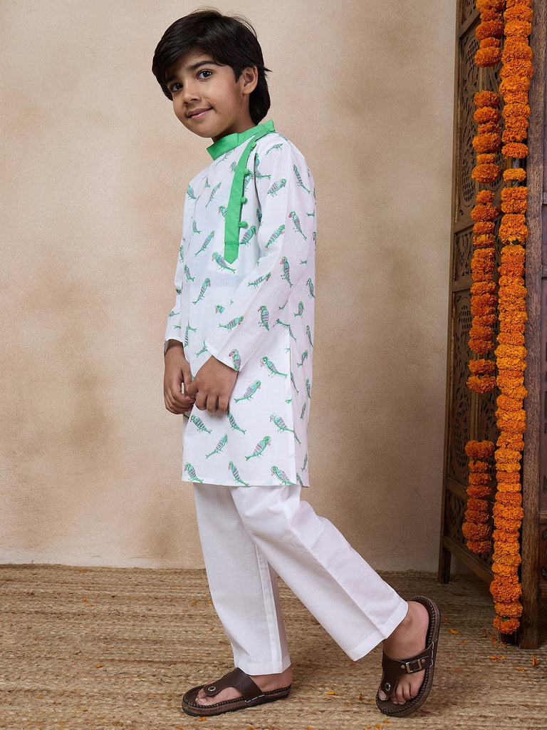 Boys Mandarin Collar Printed Regular Kurta With Pyjamas (KP-GREENPARROT)