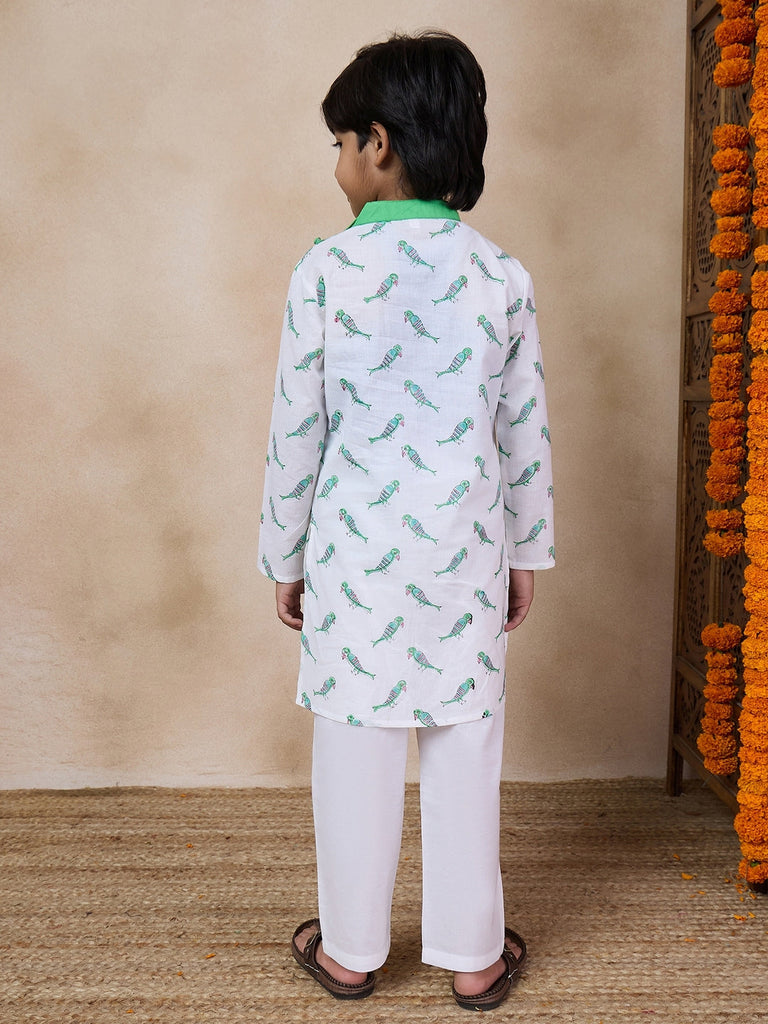 Boys Mandarin Collar Printed Regular Kurta With Pyjamas (KP-GREENPARROT)