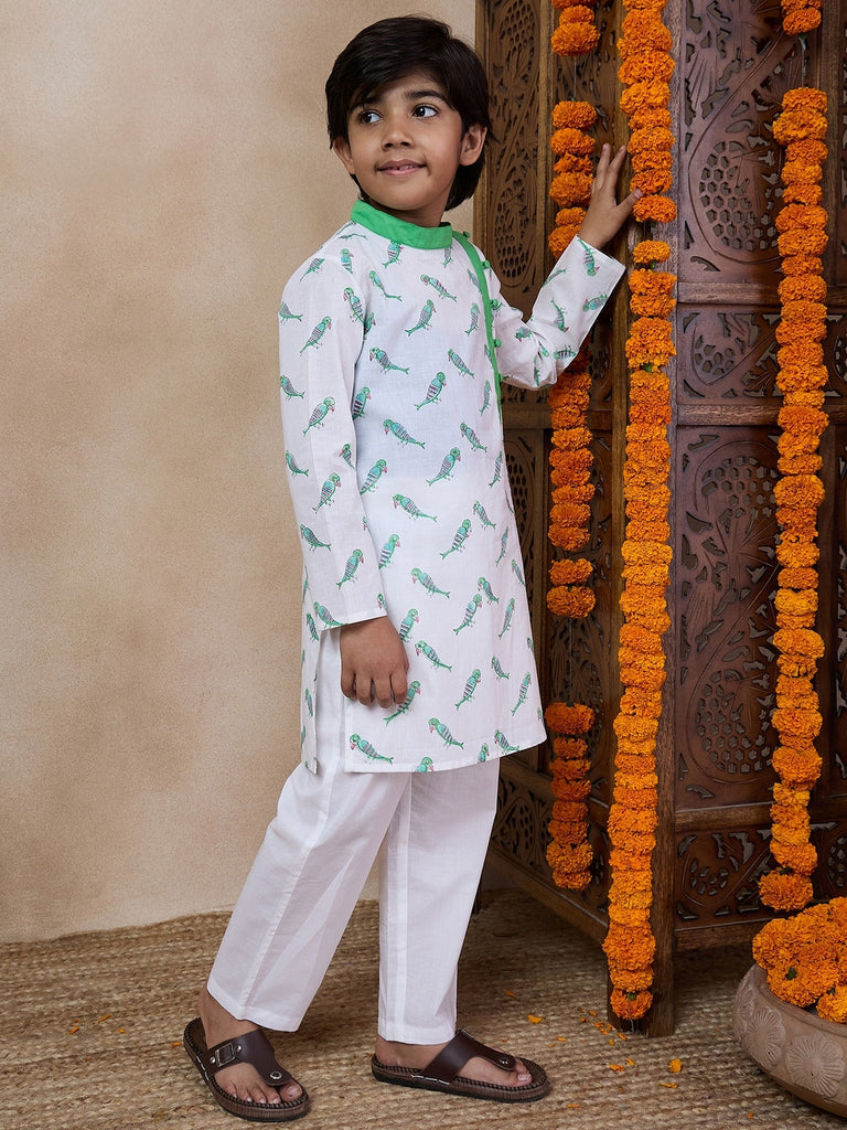 Boys Mandarin Collar Printed Regular Kurta With Pyjamas (KP-GREENPARROT)