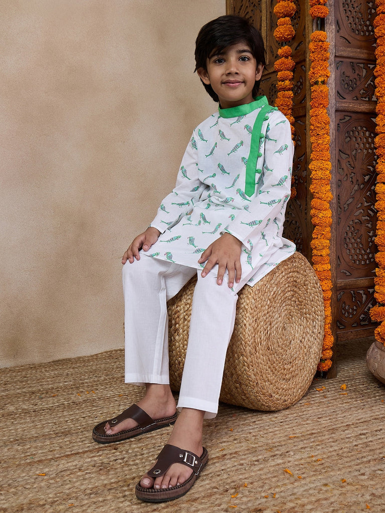 Boys Mandarin Collar Printed Regular Kurta With Pyjamas (KP-GREENPARROT)