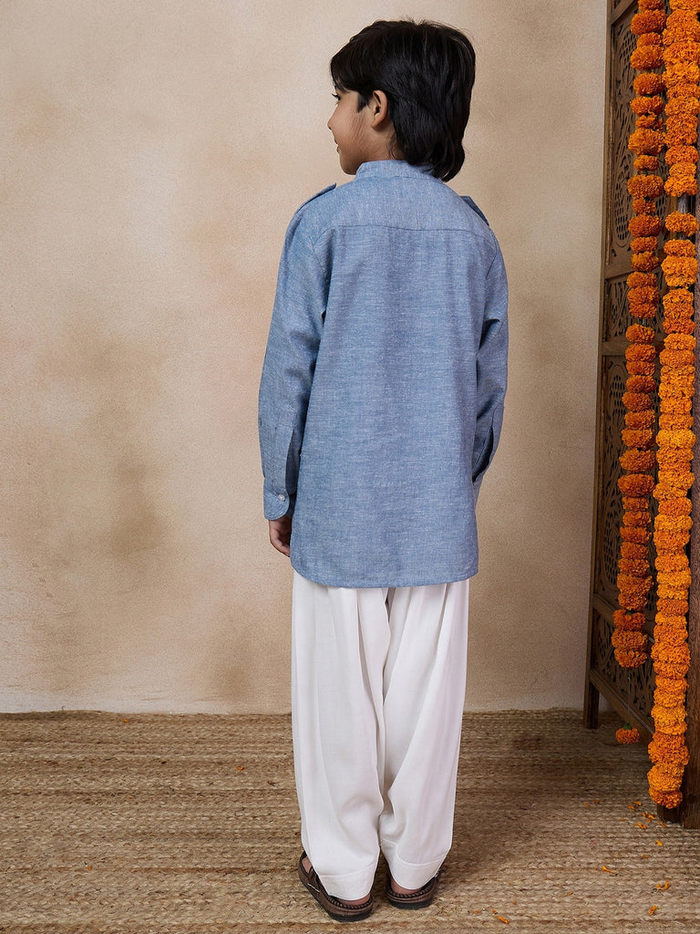 Boys Band Collar Straight Kurta With Salwar (KP-GREYCHEMBREY)