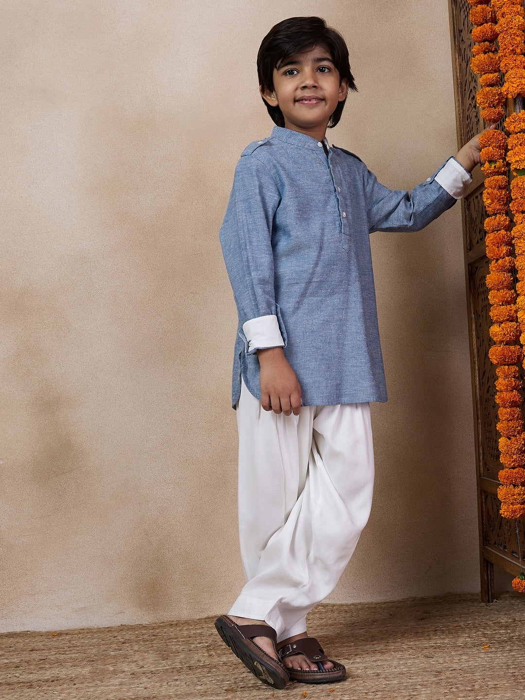 Boys Band Collar Straight Kurta With Salwar (KP-GREYCHEMBREY)