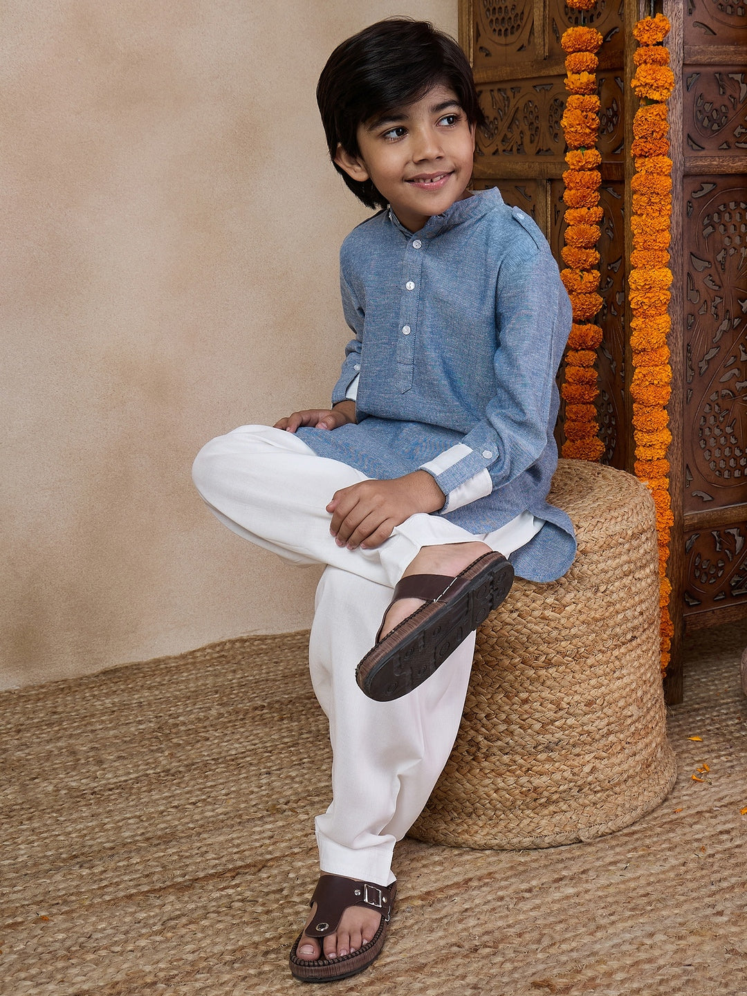 Boys Band Collar Straight Kurta With Salwar (KP-GREYCHEMBREY)