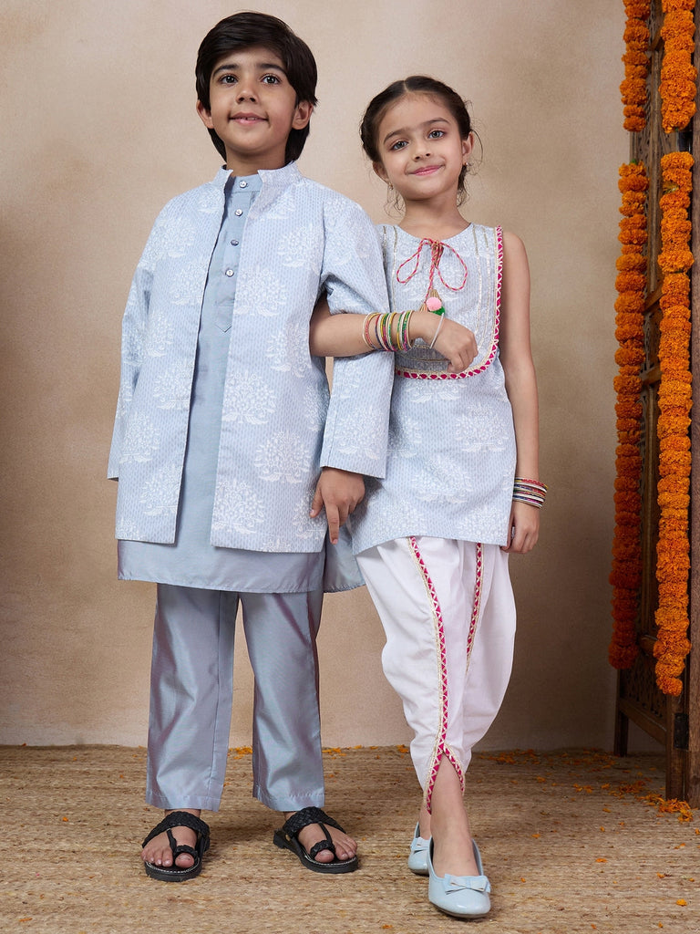 Boys Mandarin Collar Long Sleeves Straight Kurta With Pyjamas Jacket (KP-GREYKHADDI)