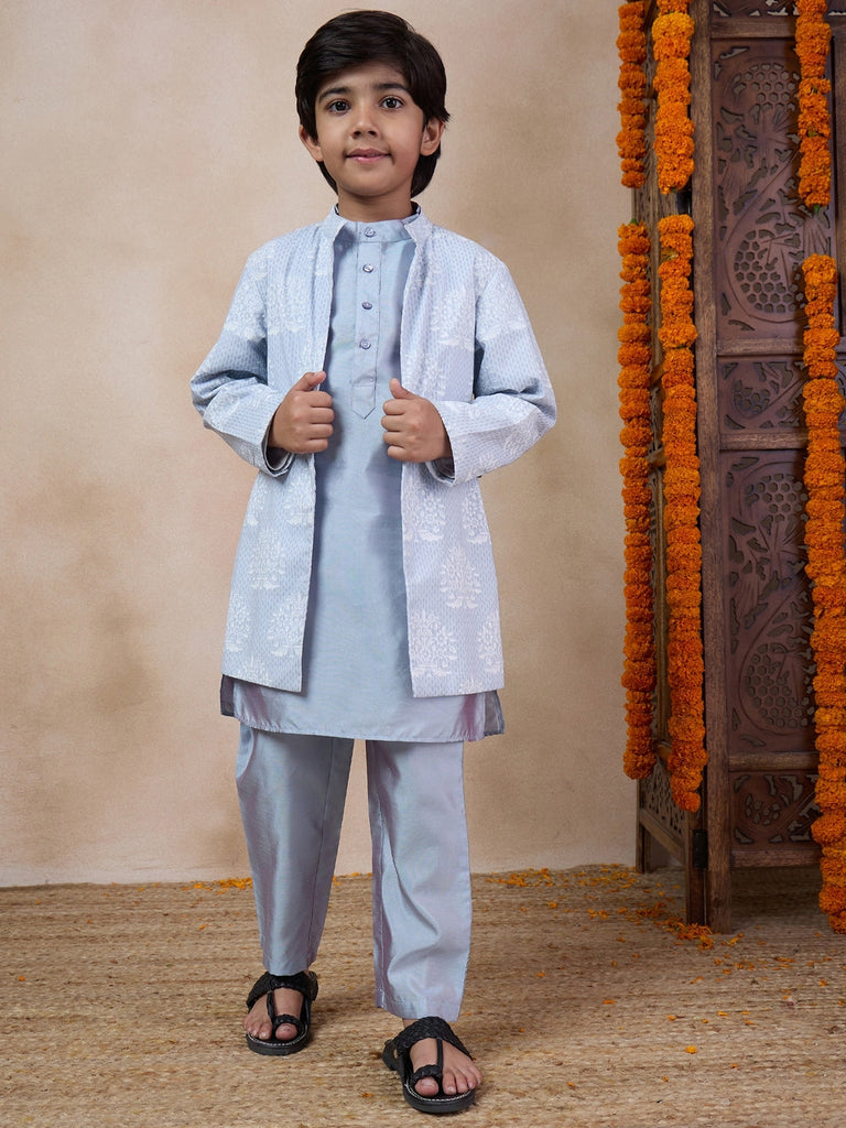 Boys Mandarin Collar Long Sleeves Straight Kurta With Pyjamas Jacket (KP-GREYKHADDI)