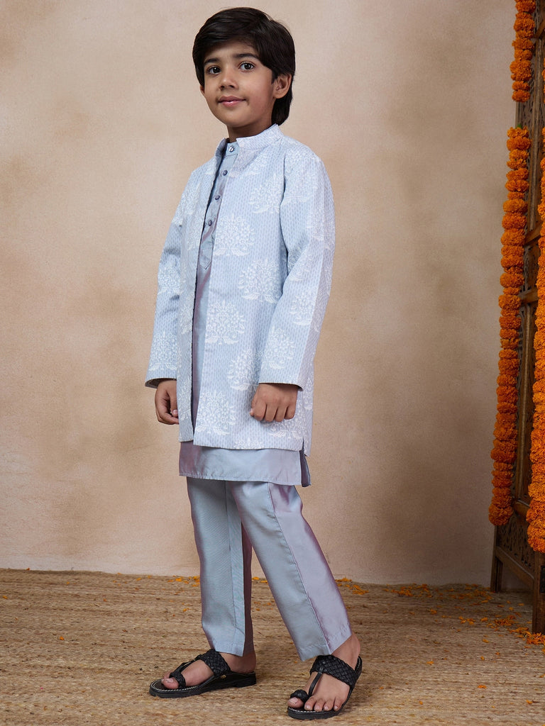 Boys Mandarin Collar Long Sleeves Straight Kurta With Pyjamas Jacket (KP-GREYKHADDI)