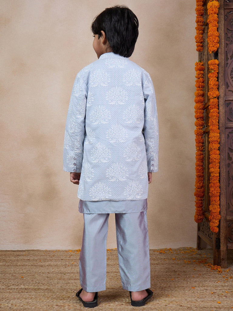 Boys Mandarin Collar Long Sleeves Straight Kurta With Pyjamas Jacket (KP-GREYKHADDI)