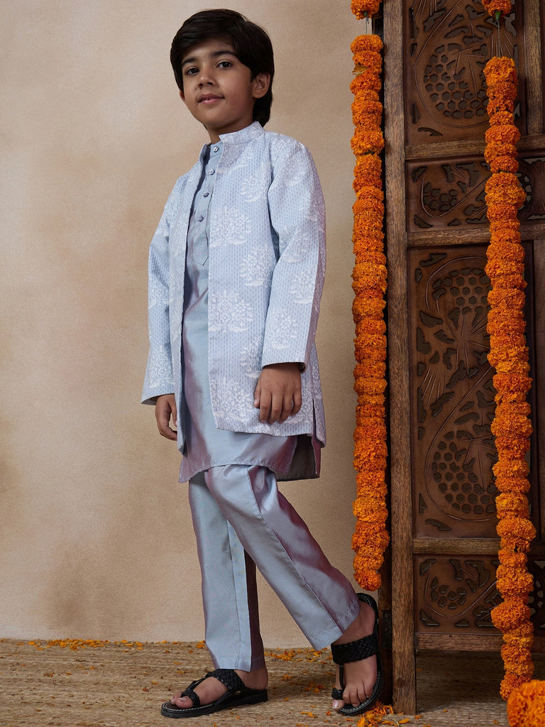 Boys Mandarin Collar Long Sleeves Straight Kurta With Pyjamas Jacket (KP-GREYKHADDI)