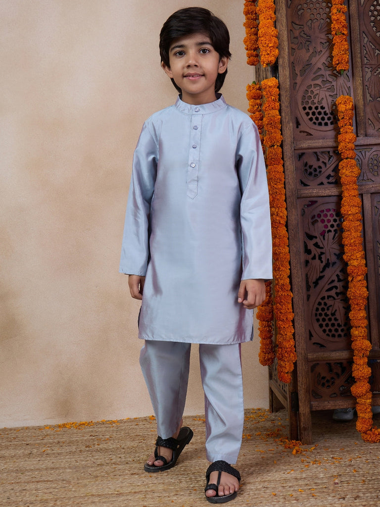 Boys Mandarin Collar Long Sleeves Straight Kurta With Pyjamas Jacket (KP-GREYKHADDI)