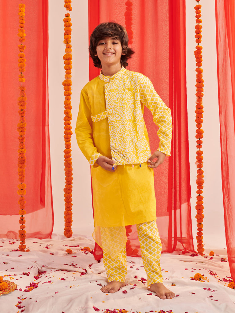 Boys Floral Printed Regular Kurta With Pyjamas (KP-LEMONYELLOW)