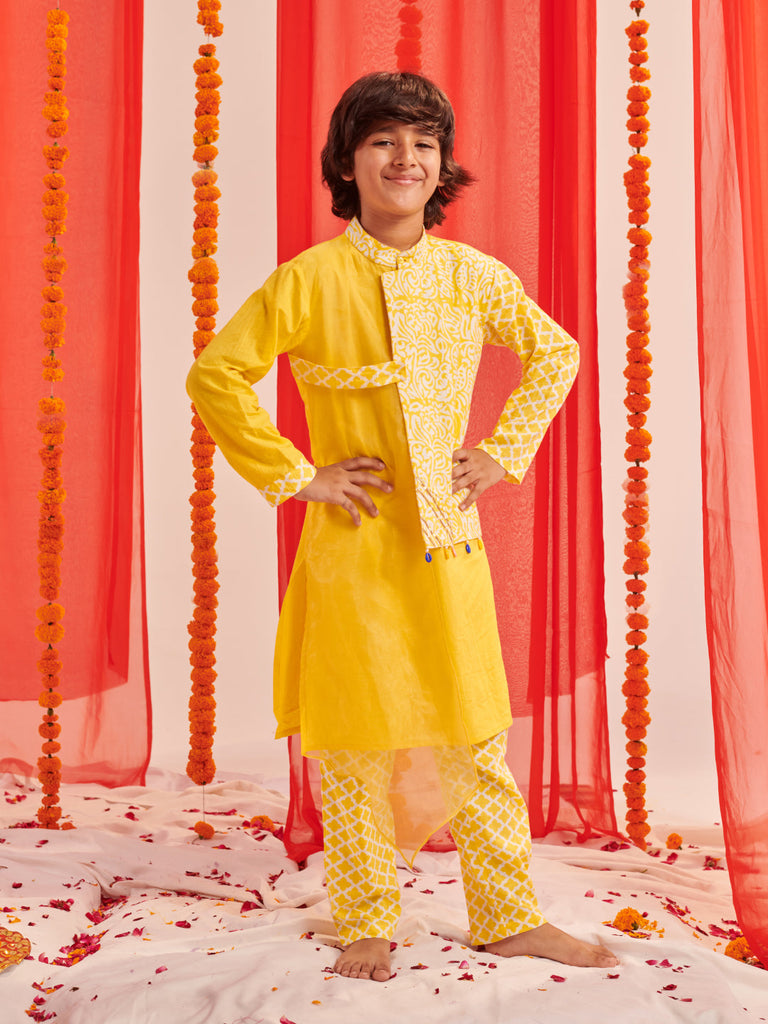 Boys Floral Printed Regular Kurta With Pyjamas (KP-LEMONYELLOW)