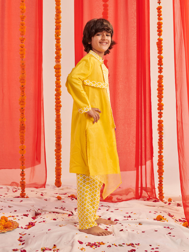 Boys Floral Printed Regular Kurta With Pyjamas (KP-LEMONYELLOW)