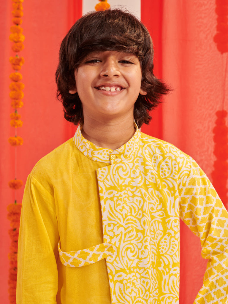 Boys Floral Printed Regular Kurta With Pyjamas (KP-LEMONYELLOW)