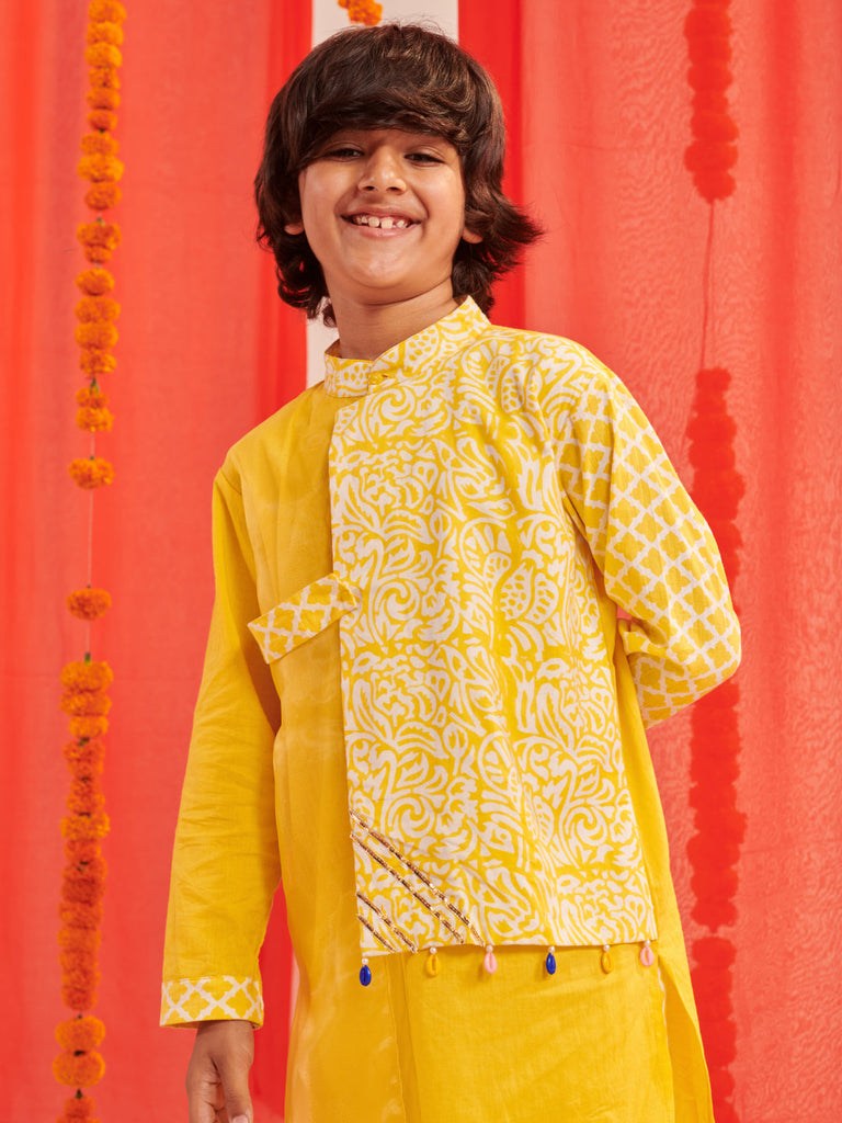 Boys Floral Printed Regular Kurta With Pyjamas (KP-LEMONYELLOW)