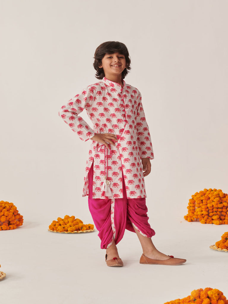 Boys Ethnic Motifs Printed Regular Kurta With Dhoti Pants (KP-MAGENTAELEPHANT)