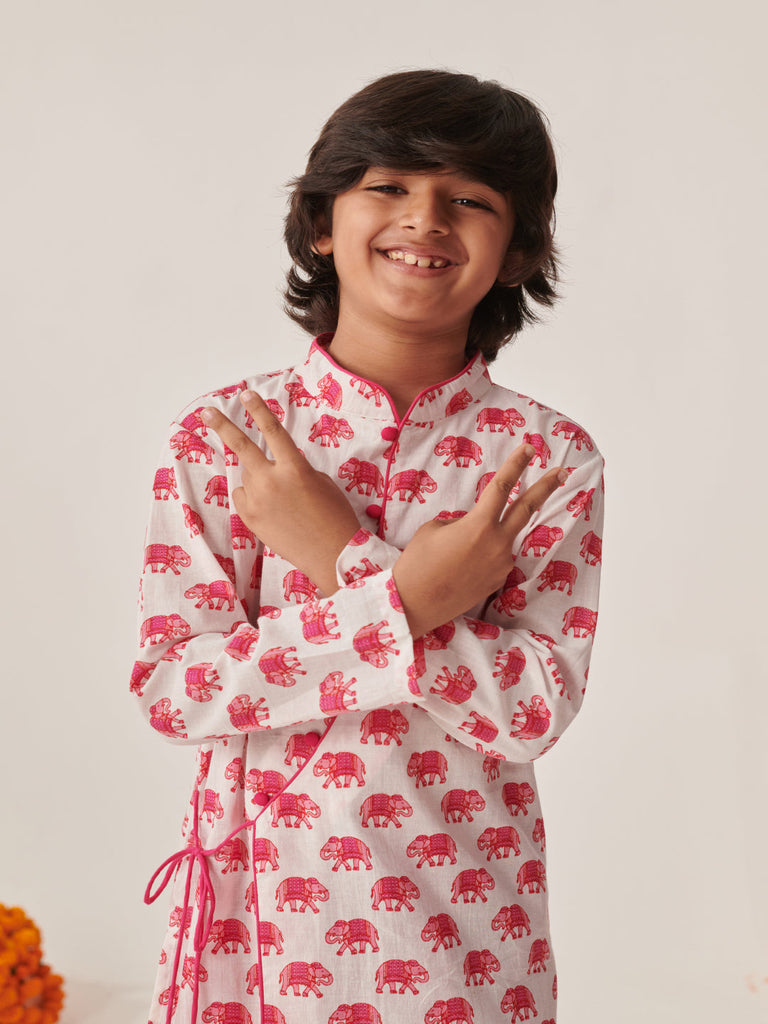 Boys Ethnic Motifs Printed Regular Kurta With Dhoti Pants (KP-MAGENTAELEPHANT)