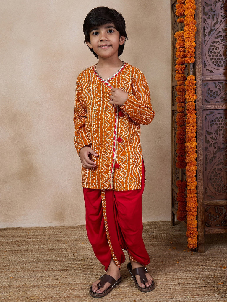 Boys Bandhani Printed V Neck Gotta Patti Kurta With Dhoti Pants (KP-MUSTARDBANDHNI)