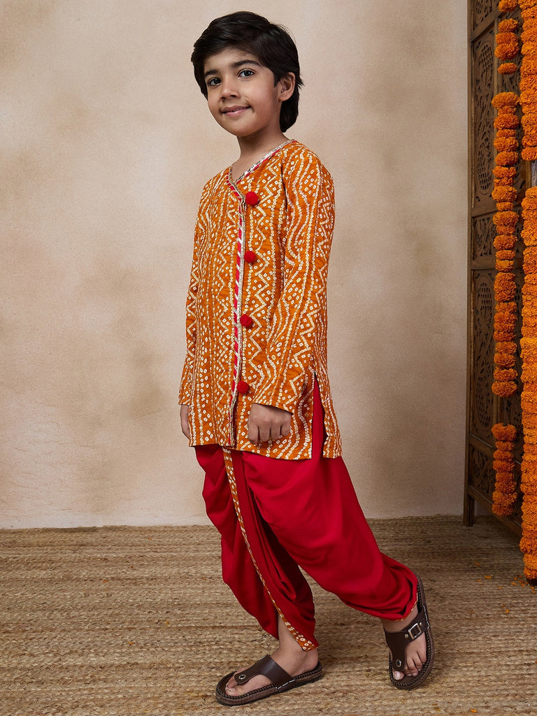 Boys Bandhani Printed V Neck Gotta Patti Kurta With Dhoti Pants (KP-MUSTARDBANDHNI)