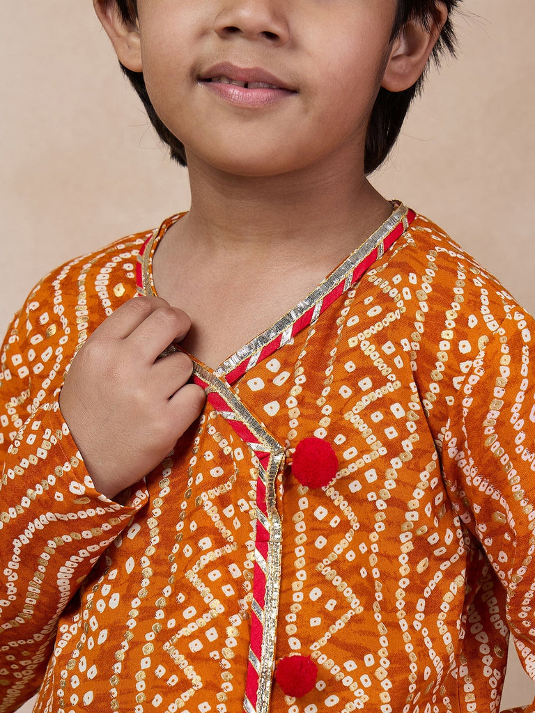 Boys Bandhani Printed V Neck Gotta Patti Kurta With Dhoti Pants (KP-MUSTARDBANDHNI)