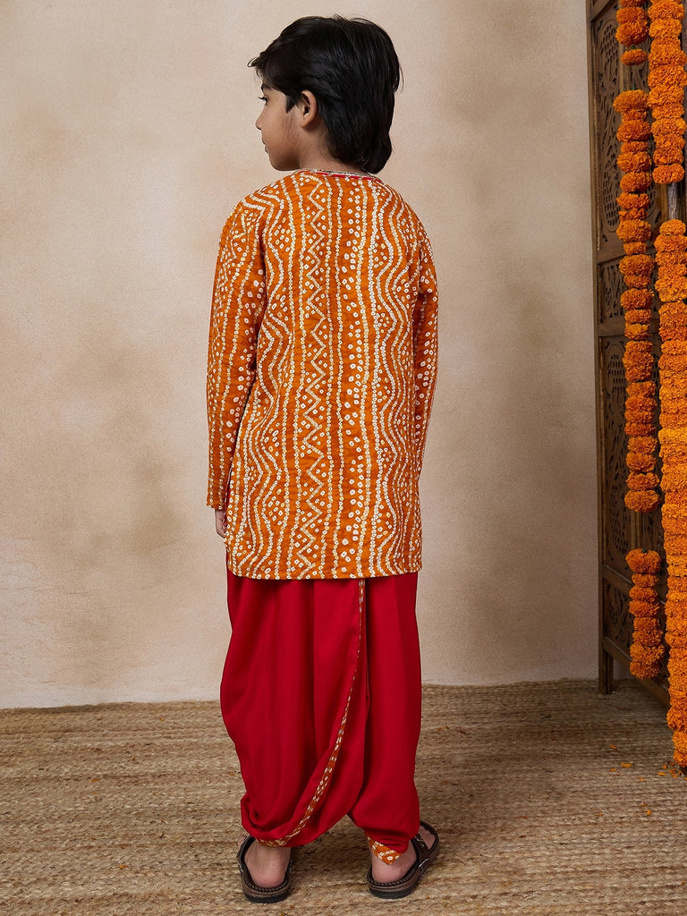 Boys Bandhani Printed V Neck Gotta Patti Kurta With Dhoti Pants (KP-MUSTARDBANDHNI)