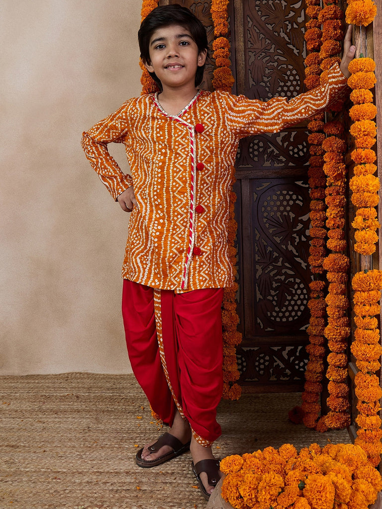 Boys Bandhani Printed V Neck Gotta Patti Kurta With Dhoti Pants (KP-MUSTARDBANDHNI)