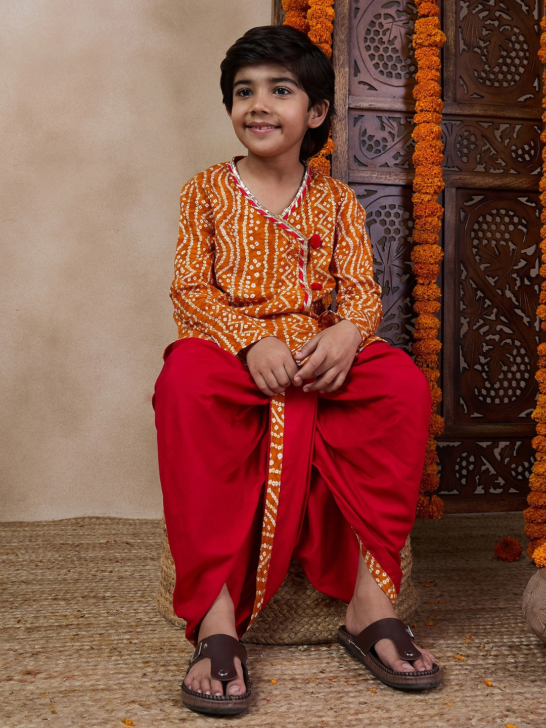 Boys Bandhani Printed V Neck Gotta Patti Kurta With Dhoti Pants (KP-MUSTARDBANDHNI)