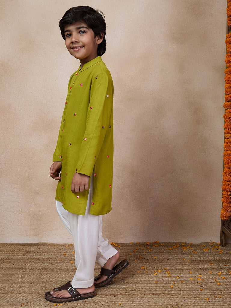 Boys Embroidered Mandarin Collar Mirror Work Kurta With Pyjamas (KP-OLIVEMIRROR)