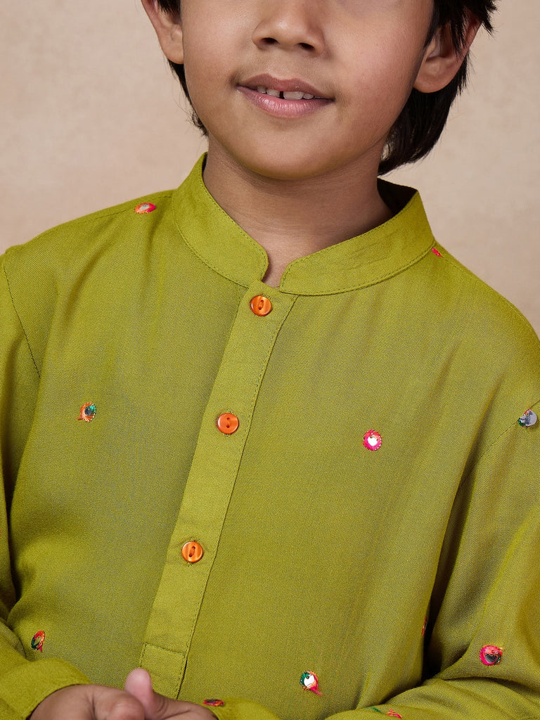 Boys Embroidered Mandarin Collar Mirror Work Kurta With Pyjamas (KP-OLIVEMIRROR)