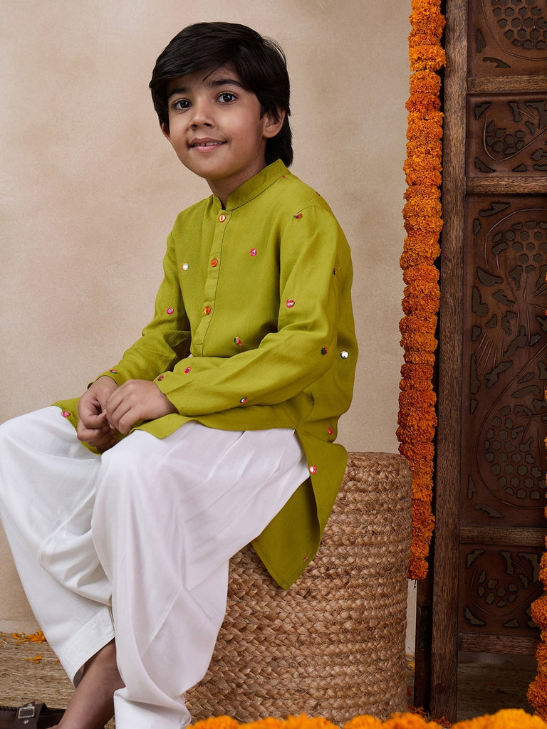 Boys Embroidered Mandarin Collar Mirror Work Kurta With Pyjamas (KP-OLIVEMIRROR)