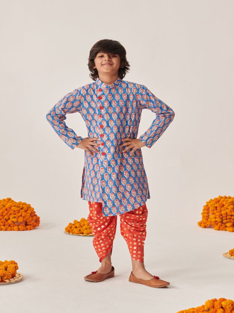 Boys Floral Printed Regular Kurta With Dhoti Pants (KP-ORANGEBLUE)