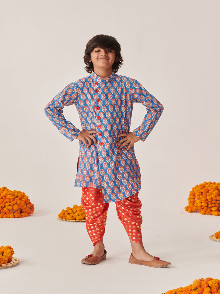 Boys Floral Printed Regular Kurta With Dhoti Pants (KP-ORANGEBLUE)