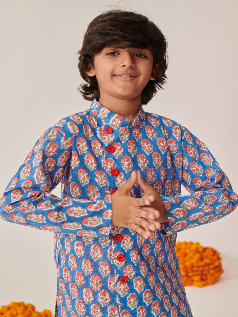 Boys Floral Printed Regular Kurta With Dhoti Pants (KP-ORANGEBLUE)