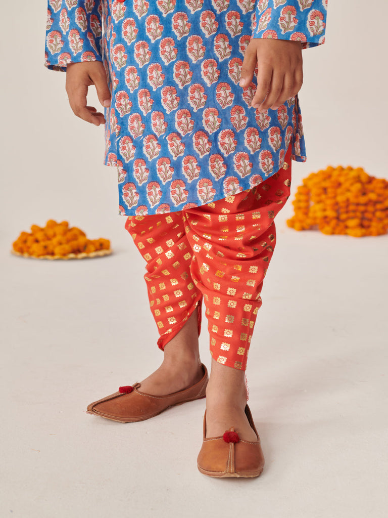 Boys Floral Printed Regular Kurta With Dhoti Pants (KP-ORANGEBLUE)