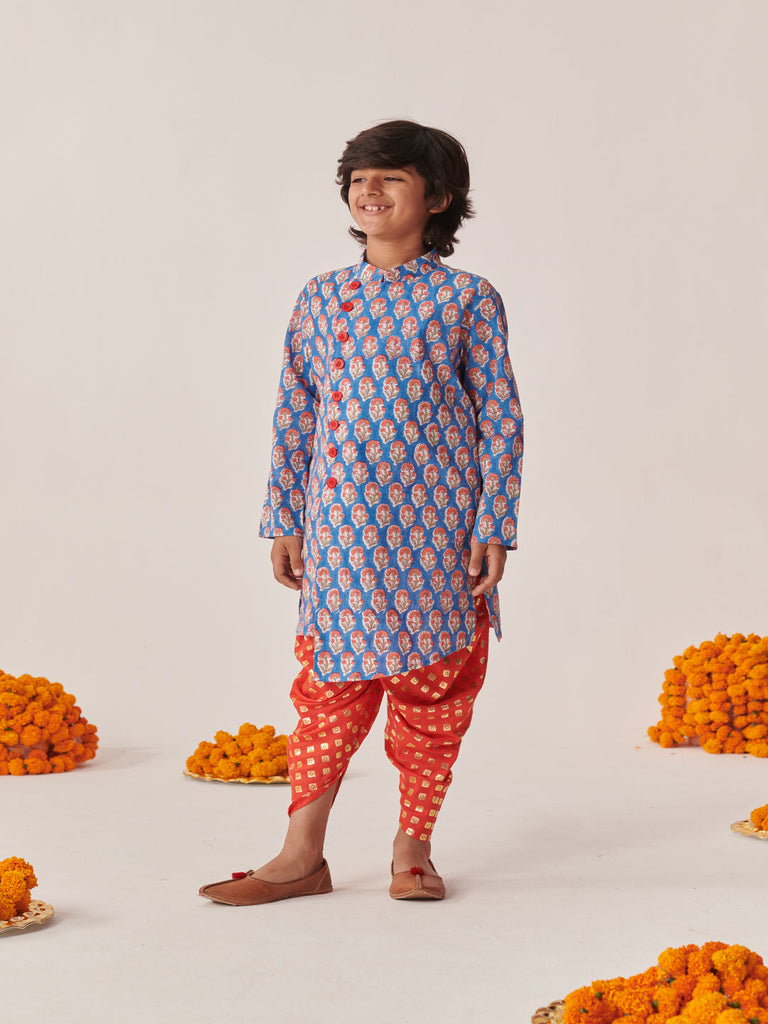 Boys Floral Printed Regular Kurta With Dhoti Pants (KP-ORANGEBLUE)