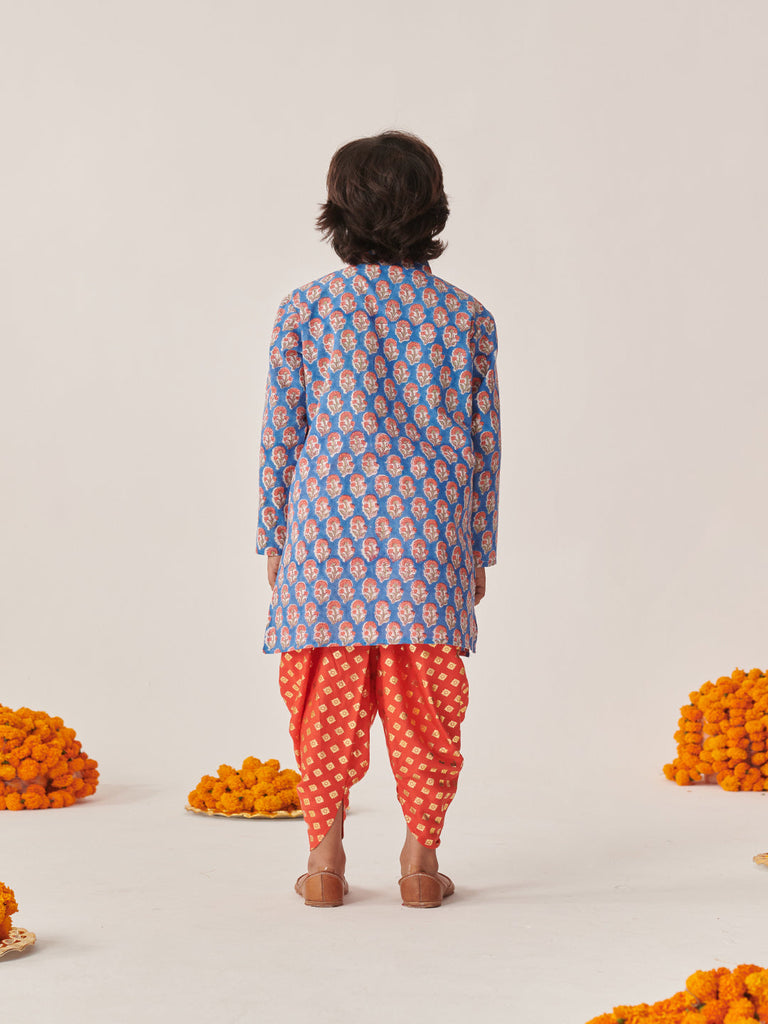 Boys Floral Printed Regular Kurta With Dhoti Pants (KP-ORANGEBLUE)