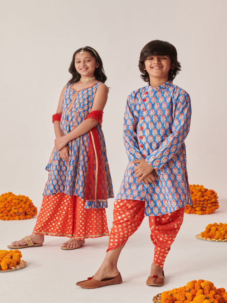 Boys Floral Printed Regular Kurta With Dhoti Pants (KP-ORANGEBLUE)