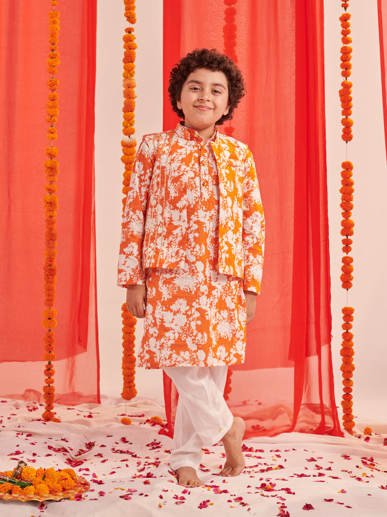 Boys Floral Regular Kurta With Pyjamas (KP-ORANGEFLORAL)