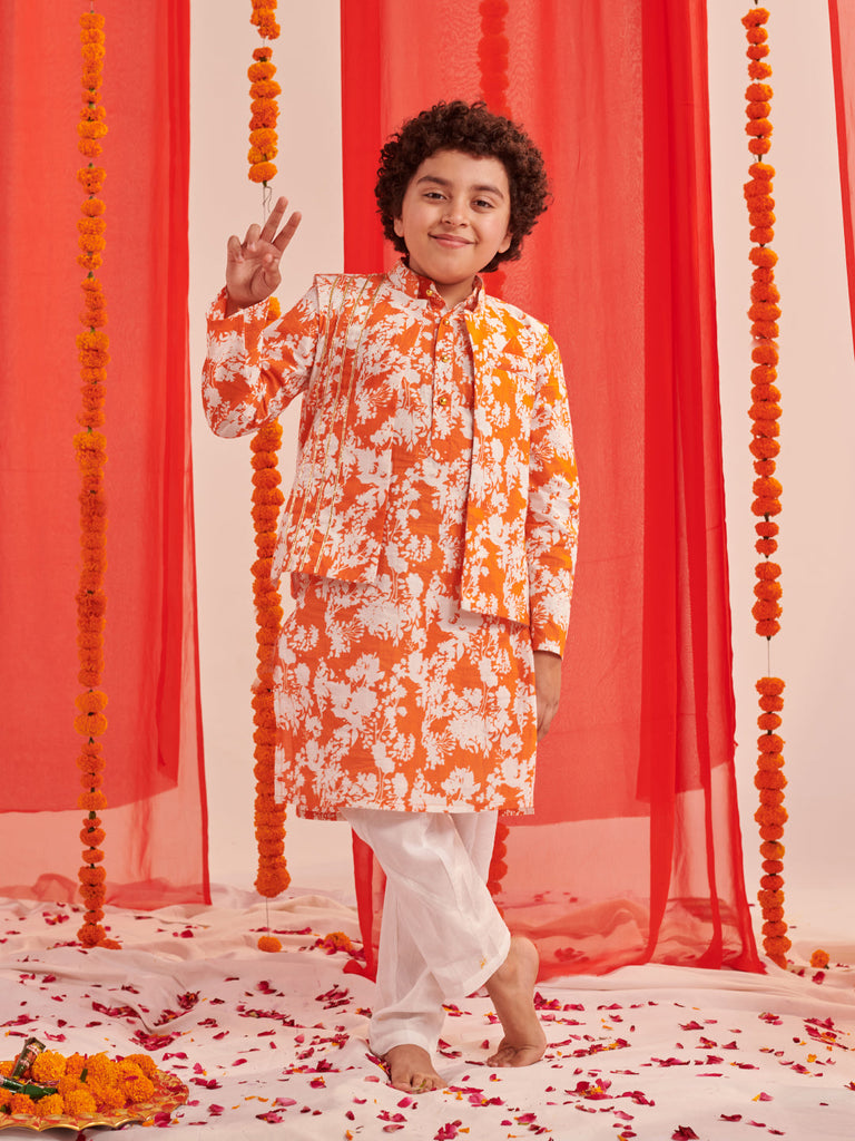 Boys Floral Regular Kurta With Pyjamas (KP-ORANGEFLORAL)