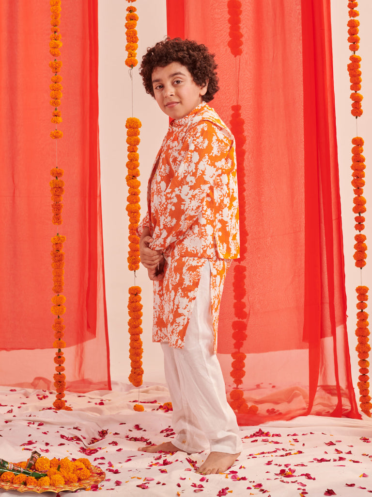 Boys Floral Regular Kurta With Pyjamas (KP-ORANGEFLORAL)