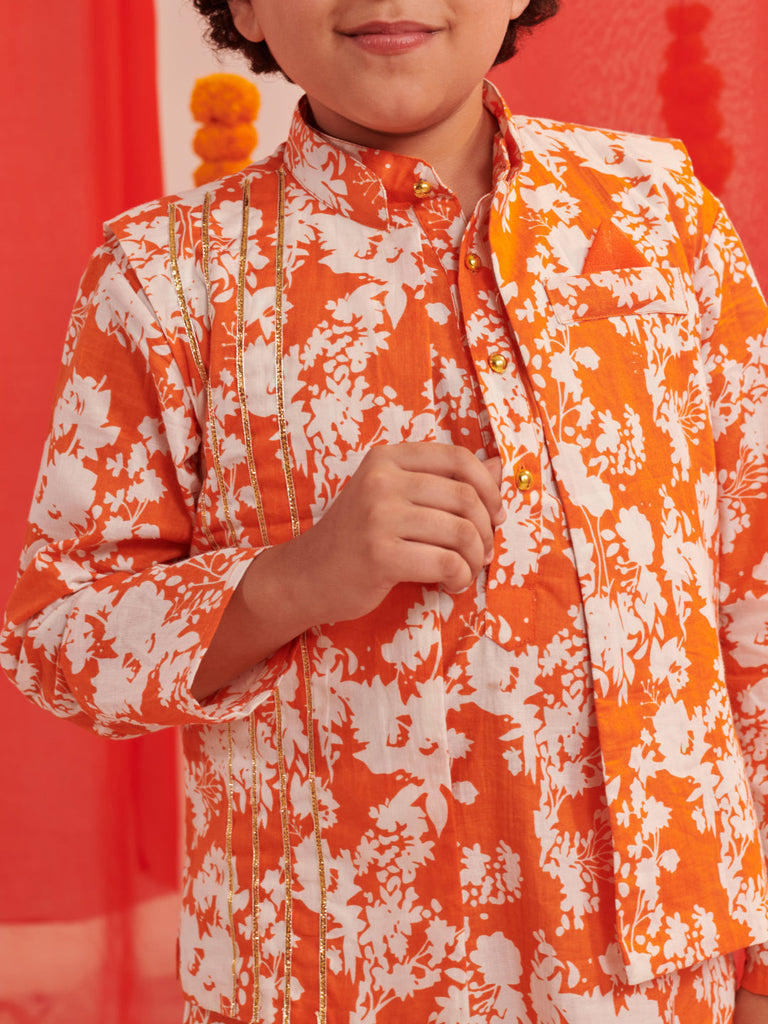 Boys Floral Regular Kurta With Pyjamas (KP-ORANGEFLORAL)