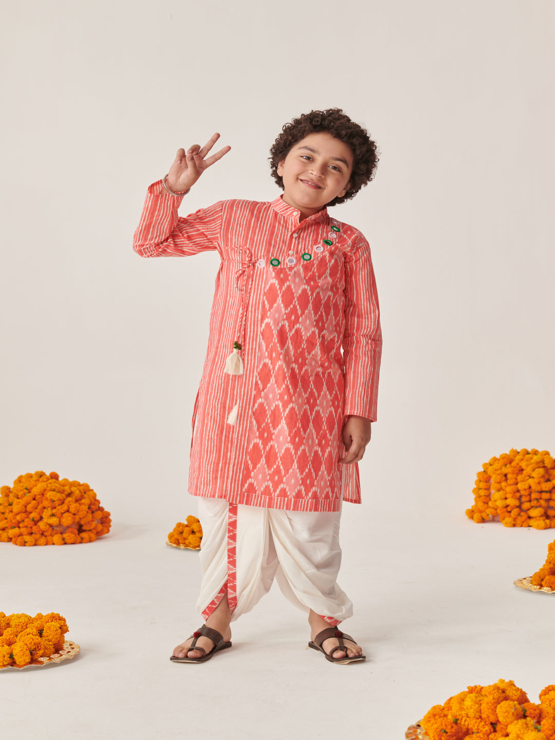 Boys Ethnic Motifs Printed Angrakha Kurta With Dhoti Pants (KP-PEACHIKKAT)