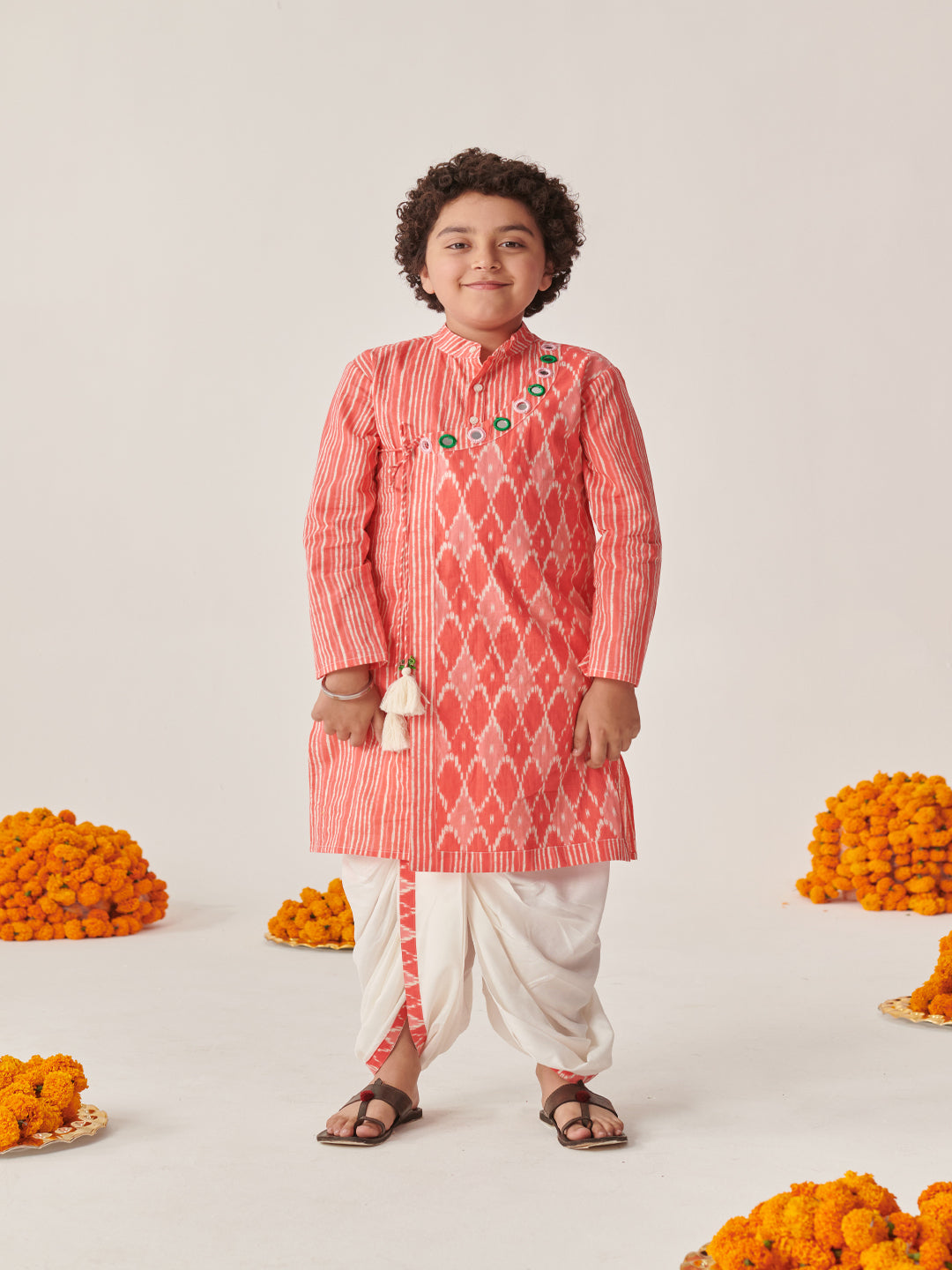 Boys Ethnic Motifs Printed Angrakha Kurta With Dhoti Pants (KP-PEACHIKKAT)