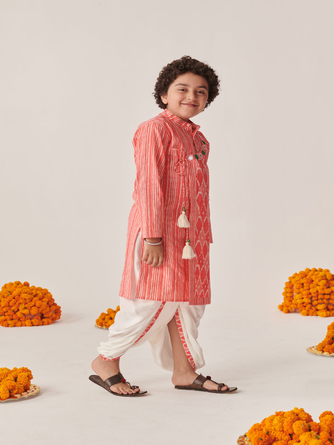 Boys Ethnic Motifs Printed Angrakha Kurta With Dhoti Pants (KP-PEACHIKKAT)