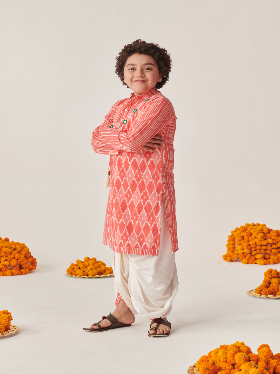 Boys Ethnic Motifs Printed Angrakha Kurta With Dhoti Pants (KP-PEACHIKKAT)