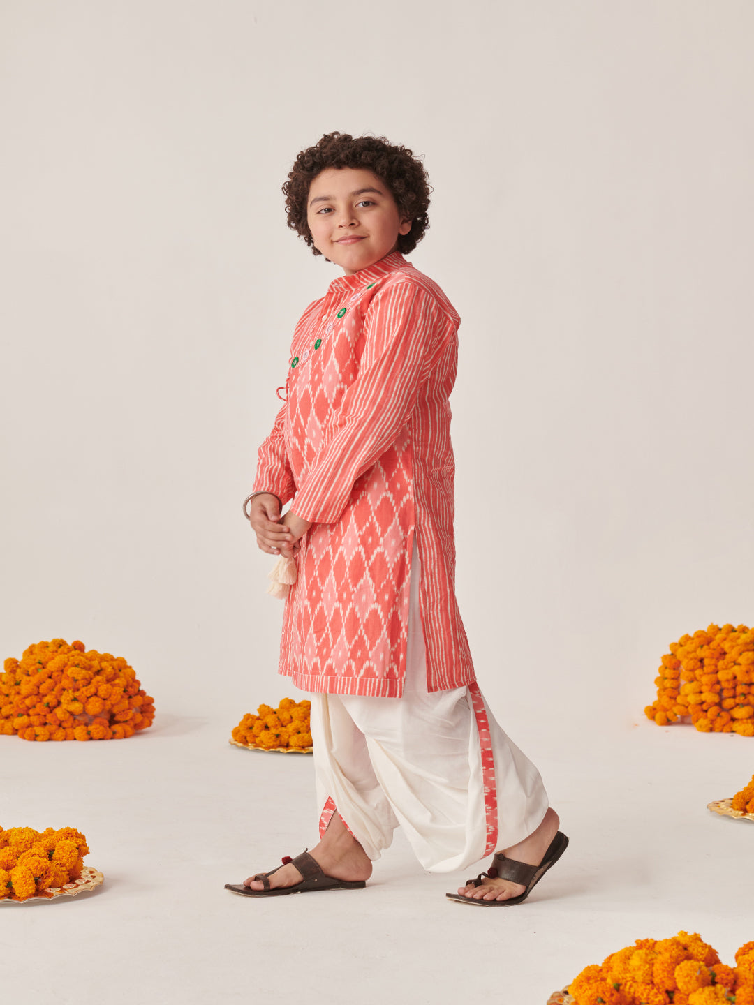 Boys Ethnic Motifs Printed Angrakha Kurta With Dhoti Pants (KP-PEACHIKKAT)