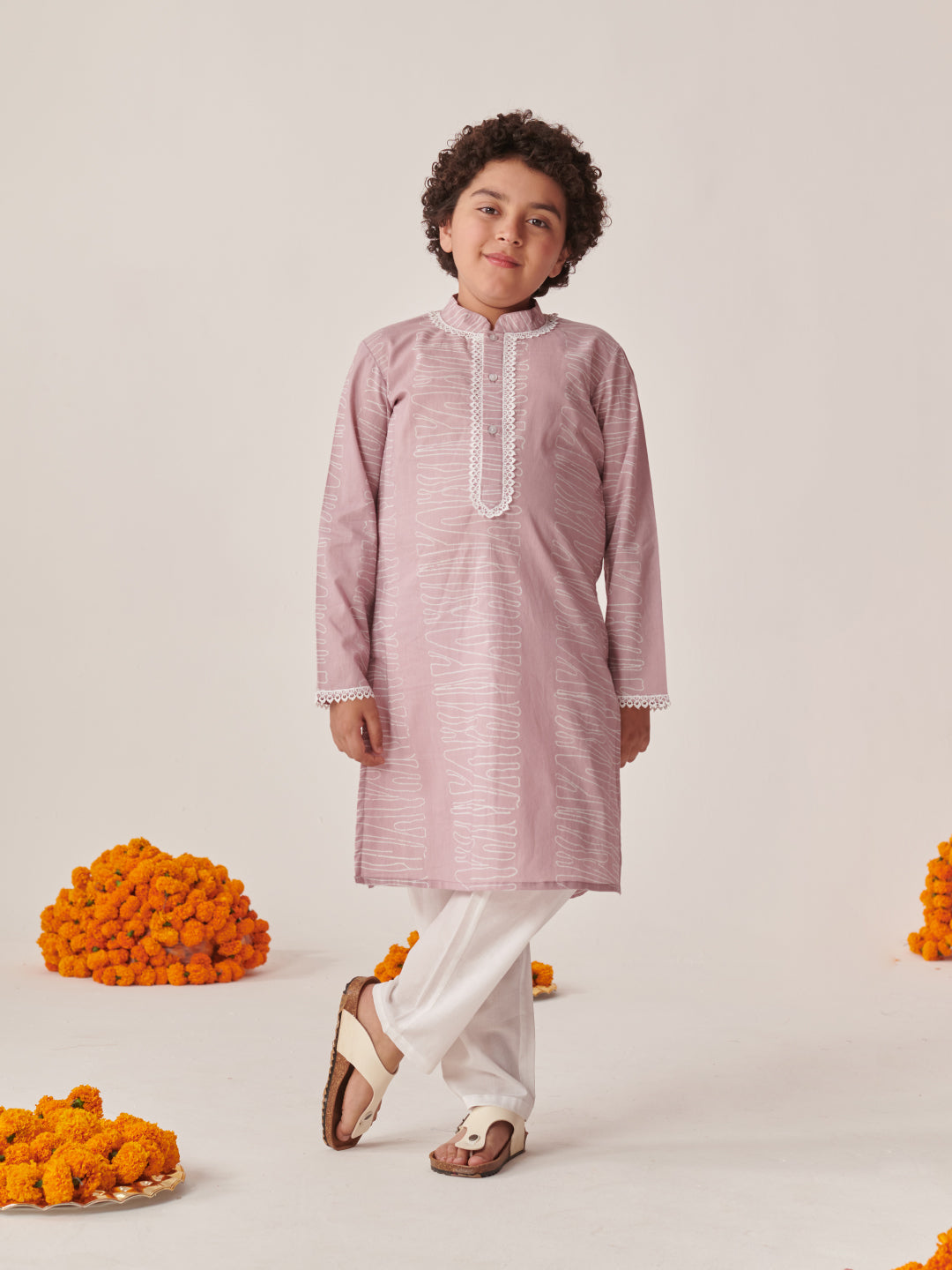 Boys Abstract Printed Mandarin Collar Straight Kurta With Pyjamas (KP-PINKISHKURTA)