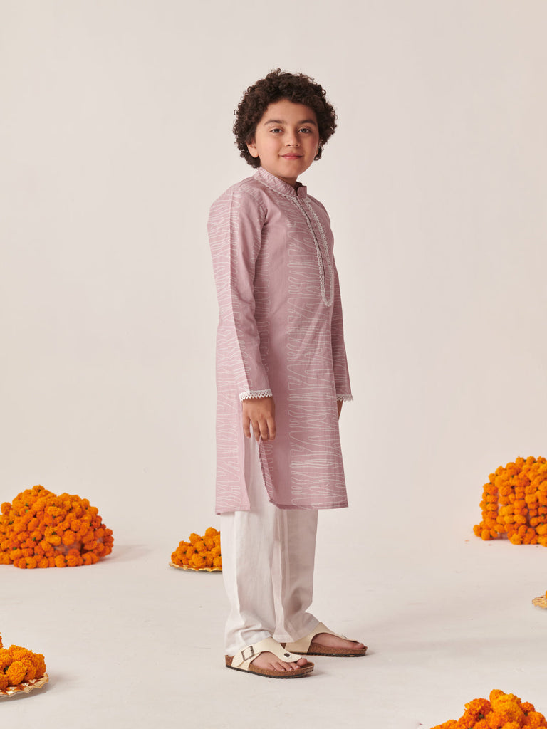 Boys Abstract Printed Mandarin Collar Straight Kurta With Pyjamas (KP-PINKISHKURTA)