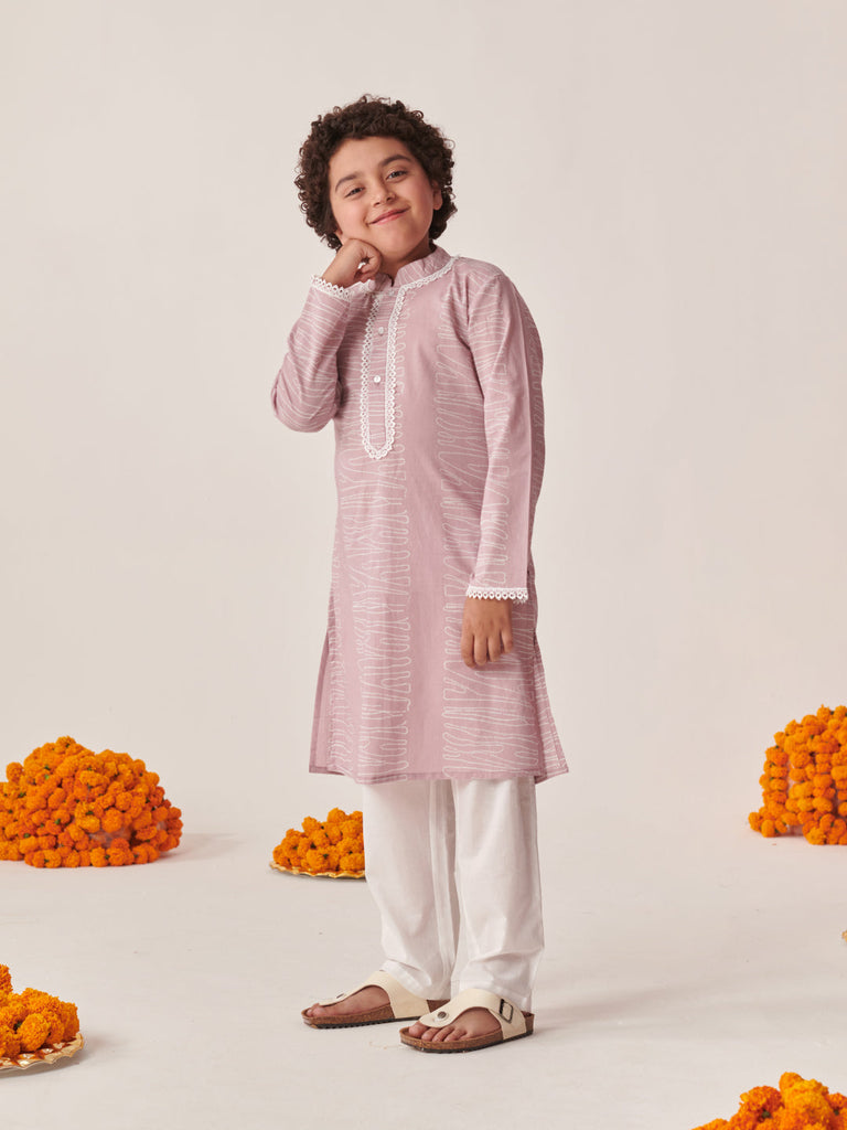 Boys Abstract Printed Mandarin Collar Straight Kurta With Pyjamas (KP-PINKISHKURTA)